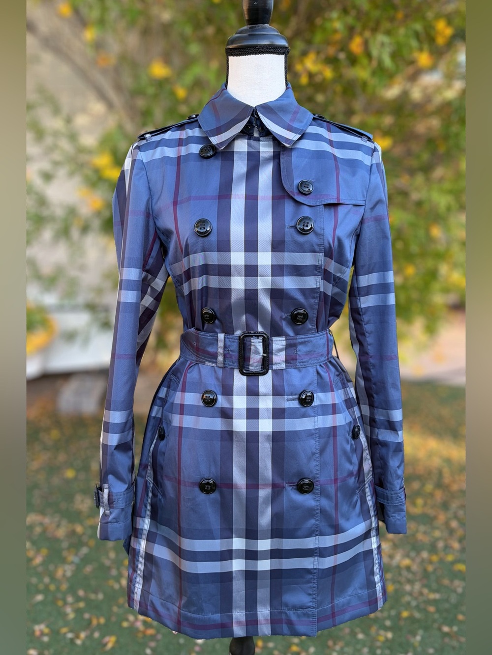Burberry London Rare Blue Plaid Short Trench Lightweight Jacket Med/US8/UK10 EUC